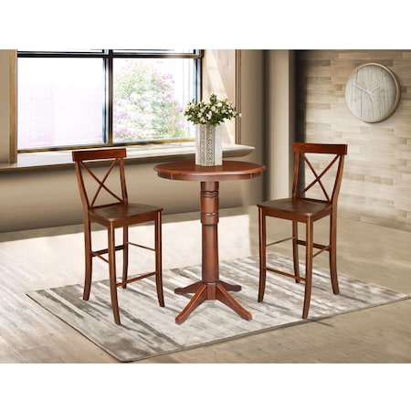 International Concepts Round 30 in Rd Pedestals Bar Height Table, 2 Bar Height Stools, Espresso, 30 in W, 30 in L, Wood K581-30RT-27B-S6133-2